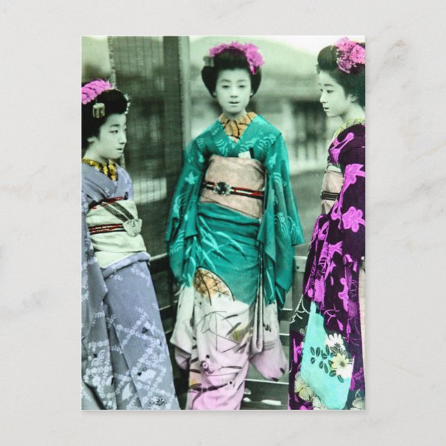 Vintage Three Young Geisha in Old Japan Postcard (Front)