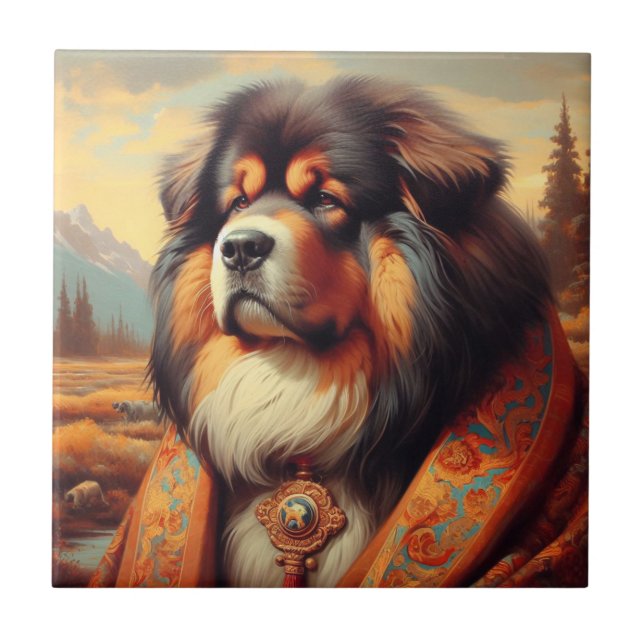 Vintage Tibetan Mastiff  Dog Painting Ceramic Tile (Front)