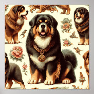 Vintage Tibetan Mastiff Seamless Painting Poster