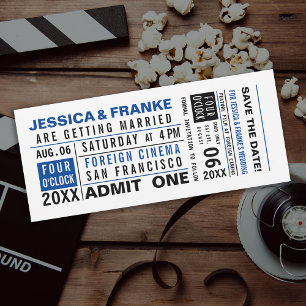 Vintage Ticket Blue Save the Date Invitation