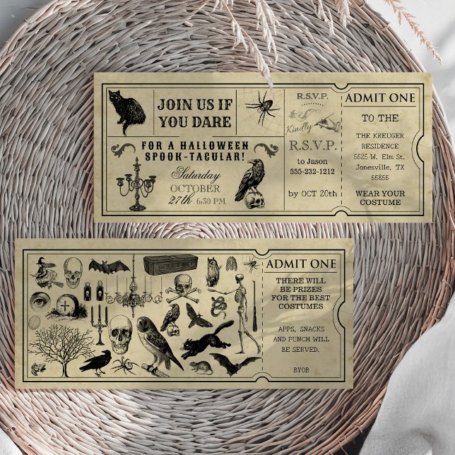 Vintage Ticket Halloween Party Invitation (Vintage Ticket Halloween Party Invitation Front and Back)