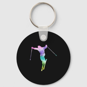 Vintage Tie Dye Downhill Snow Ski Art Skier Skiing Key Ring