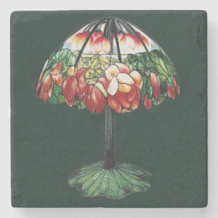 Vintage Tiffany Art Nouveau Red Lotus Floral Stone Coaster