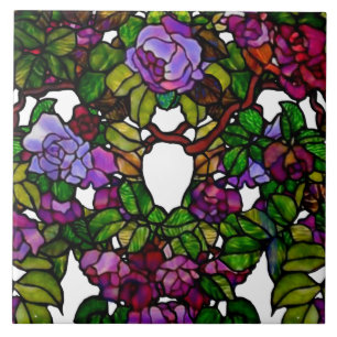 Vintage Tiffany Stained Glass Purple Roses Ceramic Tile