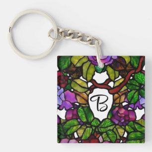 Vintage Tiffany Stained Glass Purple Roses  Key Ring