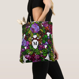 Vintage Tiffany Stained Glass Purple Roses Tote Bag