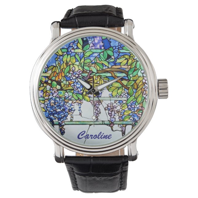 Vintage Tiffany Stained Glass Wisteria Floral Art Watch (Front)