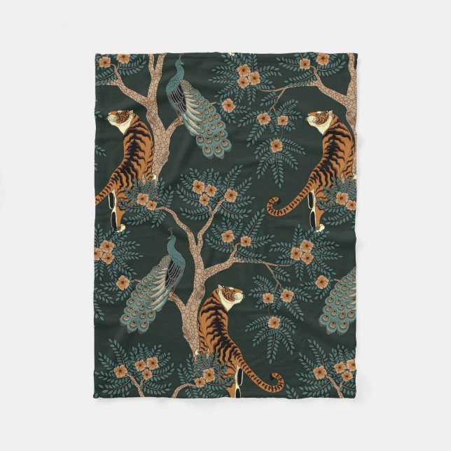 Vintage tiger and peacock fleece blanket (Front)