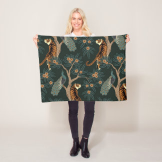 Vintage tiger and peacock fleece blanket