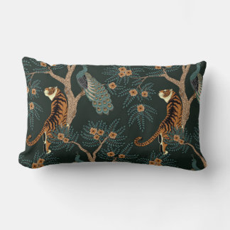 Vintage tiger and peacock lumbar cushion