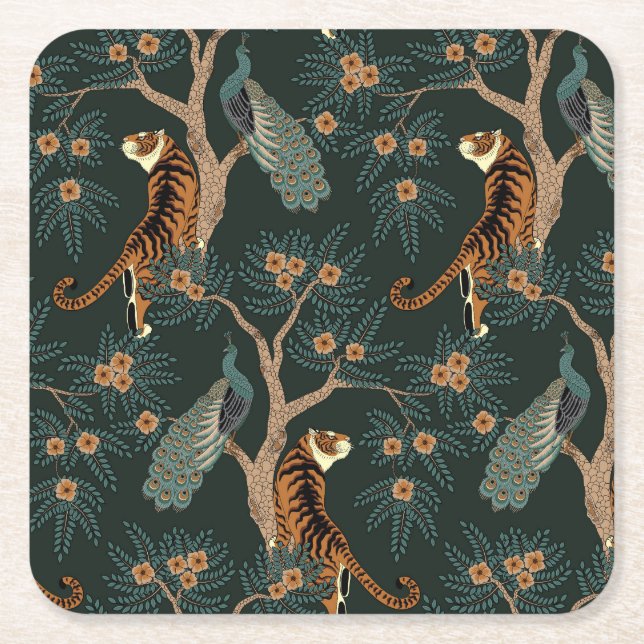 Vintage tiger and peacock square paper coaster (Front)