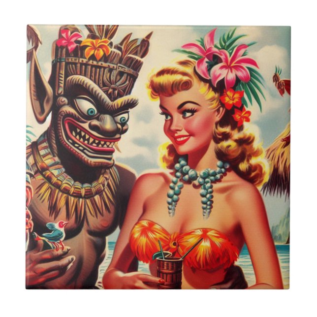 Vintage Tiki Pin-up Ceramic Tile (Front)