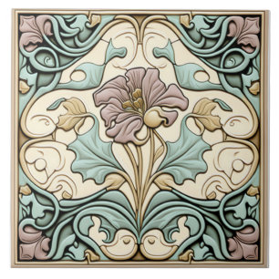 Vintage tile, Art Nouveau Rose flower, Pastel Ceramic Tile