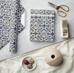 Vintage Tile Motif Pattern – Navy Blue Wrapping Paper