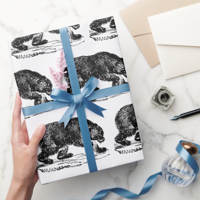 Vintage tiled black bear party wrap wrapping paper (Gifting)