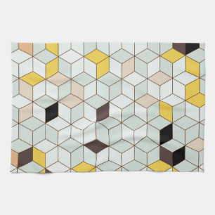 Vintage tiles, geometric black white pattern. tea towel