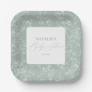 Vintage Timeless Floral Green Baby Shower Paper Plate