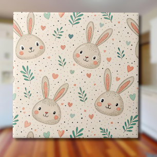 Vintage Tiny Bunny Faces with Roses Pattern Ceramic Tile