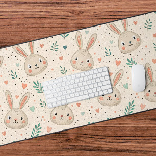 Vintage Tiny Bunny Faces with Roses Pattern Desk Mat