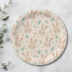 Vintage Tiny Bunny Faces with Roses Pattern Paper Plate
