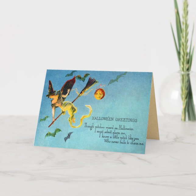 Vintage Tipsy Flying Witch Card (Front)