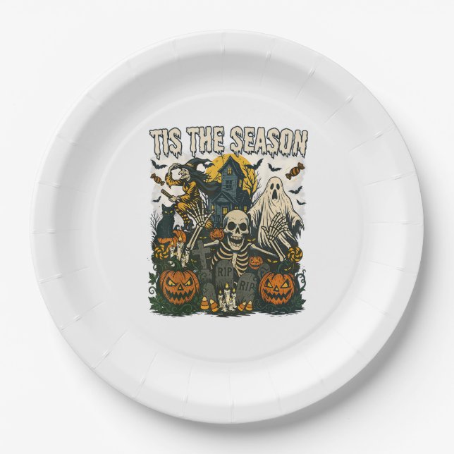 Vintage Tis Season Halloween Skeleton Retro Paper Plate (Front)
