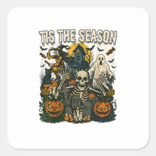 Vintage Tis Season Halloween Skeleton Retro Square Sticker