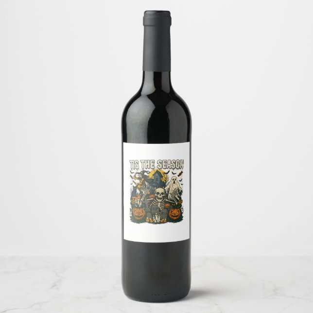 Vintage Tis Season Halloween Skeleton Retro Wine Label (Front)