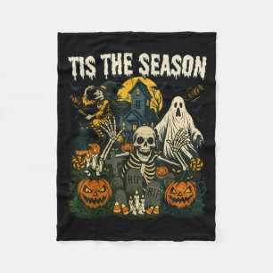 Vintage Tis the Season Halloween Skeleton Ghost Fleece Blanket