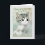 Vintage - To Sister on Her Birthday, Card<br><div class="desc">A vintage greeting card image features an illustration of a grey and white kitten against a similar background in soft shades of grey, blue-grey and white. The front of the card says "Thinking of You, Sister, on Your Birthday." The message inside the card is "Hope your special day is bright...</div>