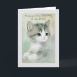 Vintage - To Sister on Her Birthday, Card<br><div class="desc">A vintage greeting card image features an illustration of a grey and white kitten against a similar background in soft shades of grey, blue-grey and white. The front of the card says "Thinking of You, Sister, on Your Birthday." The message inside the card is "Hope your special day is bright...</div>
