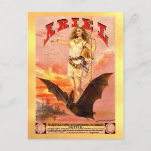 Vintage tobacco label with woman riding a bat postcard