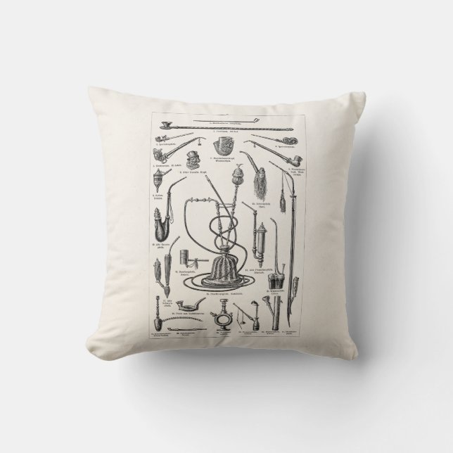 Vintage Tobacco Pipes and Old Hookah Illustration Cushion (Front)