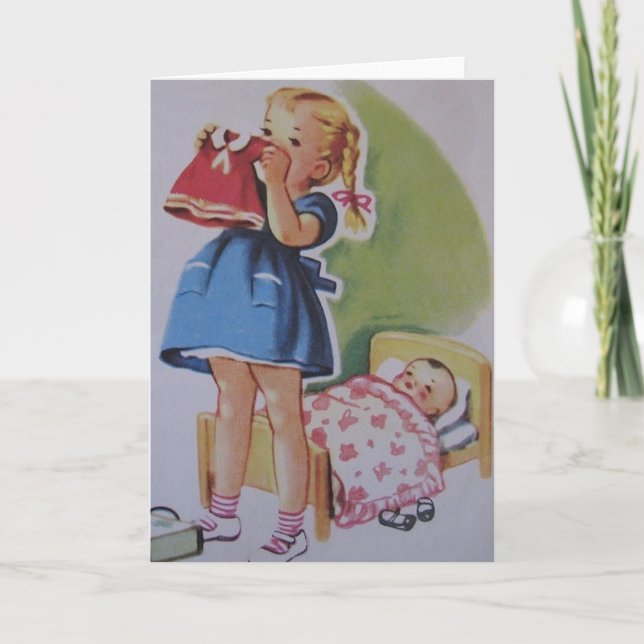 Vintage Toddler Girl And Baby Doll Card (Front)