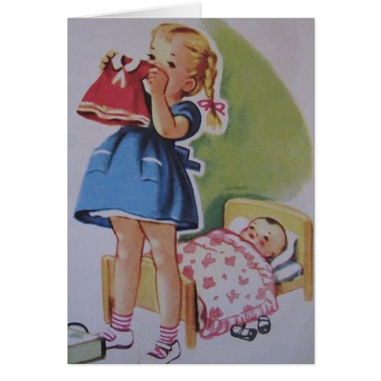 Vintage Toddler Girl And Baby Doll Card