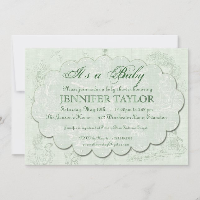 Vintage Toile Baby Shower Invitation Green (Front)