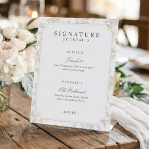 Vintage Toile Beige / Tan Signature Drinks Wedding Pedestal Sign