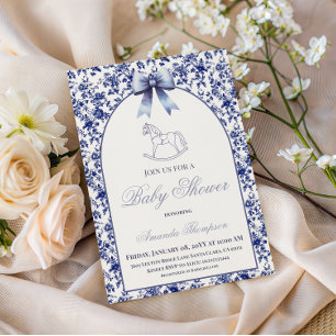 Vintage Toile Blue Bow Rocking Horse Baby Shower Invitation