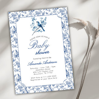 Vintage Toile De Jouy Blue Bunny Bird Baby Shower  Invitation