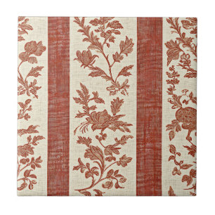 Vintage Toile de Jouy Floral Stripe in Terracotta Ceramic Tile