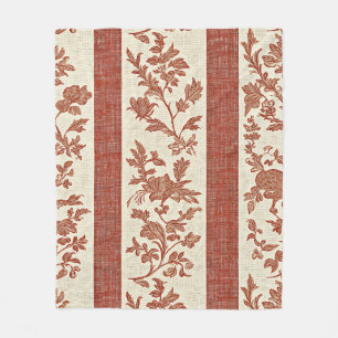 Vintage Toile de Jouy Floral Stripe in Terracotta Fleece Blanket