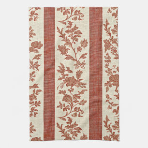 Vintage Toile de Jouy Floral Stripe in Terracotta Tea Towel