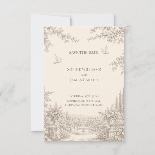 Vintage Toile Dove Garden Wedding Save The Date (Front)