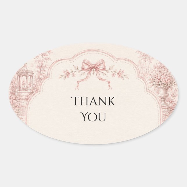 Vintage Toile Garden Gazebo Wedding Thank You Oval Sticker (Front)