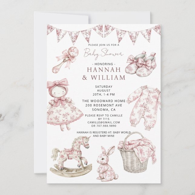  Vintage Toile Nursery Baby Girl Shower Invitation (Front)