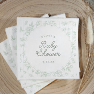 Vintage Toile Sage Floral Scalloped Baby Shower Napkin