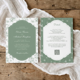 Vintage Toile Sage Green All in One Wedding Invitation