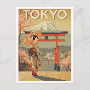 Vintage Tokyo Cherry Blossom Fuji Postcard
