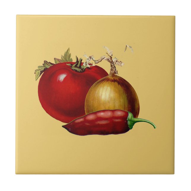 Vintage Tomato, Onion & Jalapeno Pepper Ceramic Tile (Front)