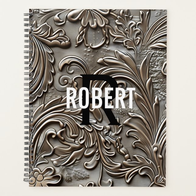 Vintage  tooled leather monogram name planner (Front)